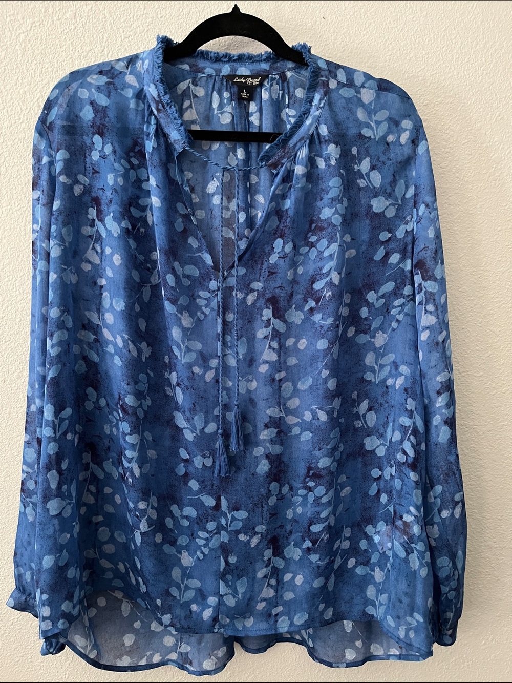 Lucky Brand Boho Blue Leaf Print Sheer Peasant Tunic Top
Sz L